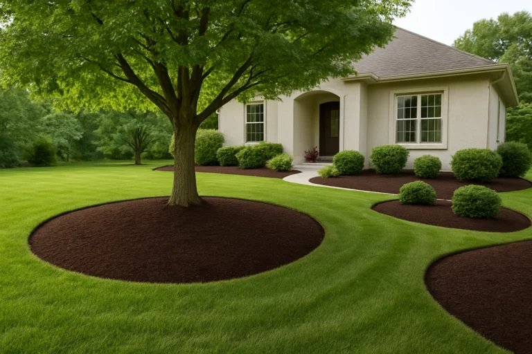Artistic mulch bed surrounding a mature oak tree in the front yard. Mulching Services by Worthy Landscaping In Montgomery County.