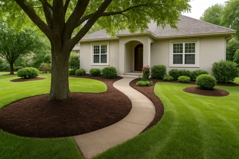 Freshly mulched ring around an oak tree with crisp landscape edging. Mulching Services by Worthy Landscaping In Montgomery County.