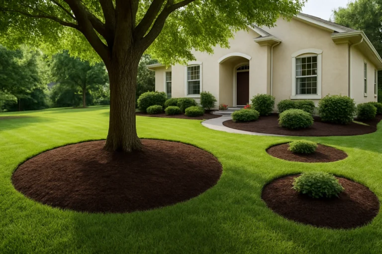 Dark brown mulch pattern radiating from the base of a large oak tree. Mulching Services by Worthy Landscaping In Montgomery County.