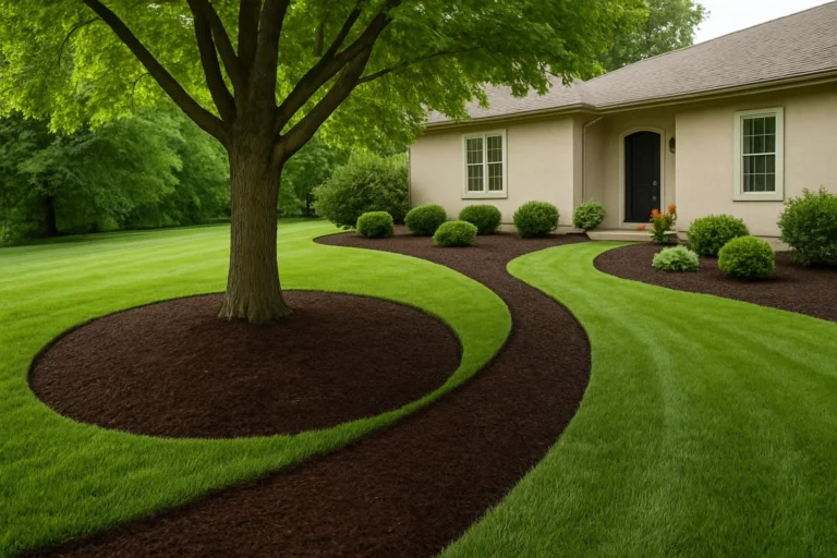 Side property view featuring mulched flower beds with a Japanese maple focal point. Mulching Services by Worthy Landscaping In Montgomery County.