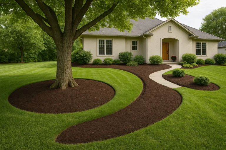 Raked mulch texture under an oak tree creating a smooth