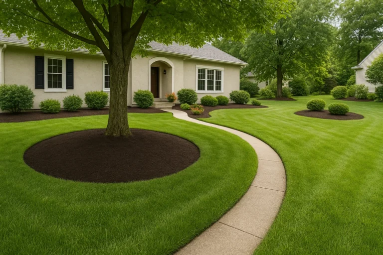 Island planting with an oak tree and layered mulch creating an artistic design. Mulching Services by Worthy Landscaping In Montgomery County.