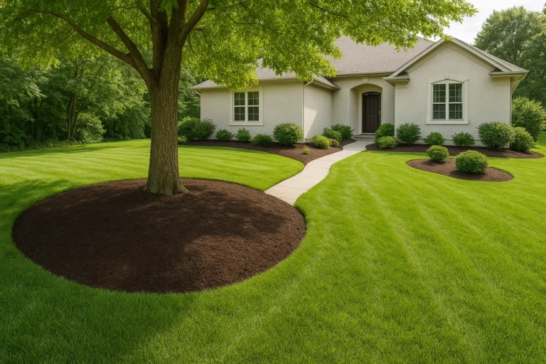 Residential side yard with Japanese maple and shrubs set in dark