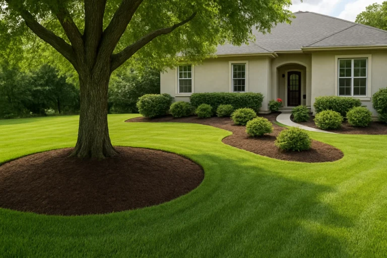 Close view of a mulched planting bed with Japanese maple and layered shrubs. Mulching Services by Worthy Landscaping In Montgomery County.
