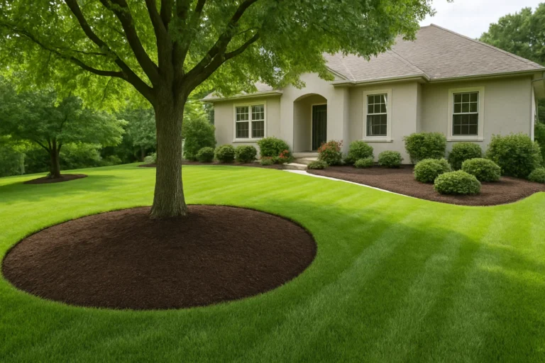 Long side planter with Japanese maple and shrubs over a fresh layer of mulch. Mulching Services by Worthy Landscaping In Montgomery County.
