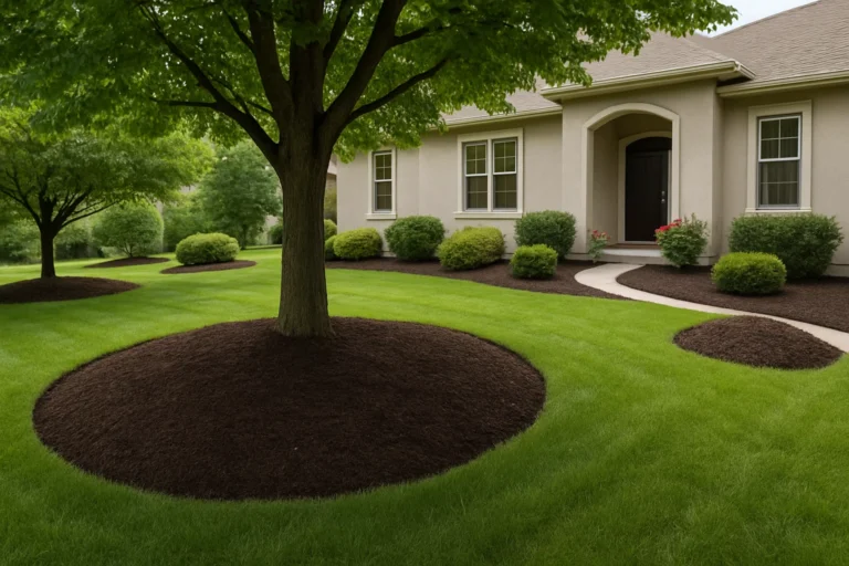 Side view of a home with Japanese maple and shrubs in freshly mulched planters. Mulching Services by Worthy Landscaping In Montgomery County.