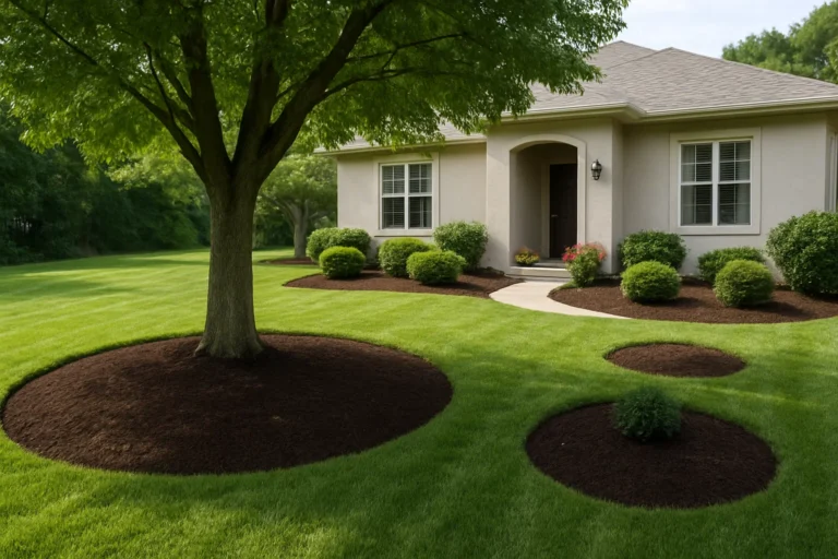 Clean mulch lines beneath a Japanese maple tree and compact shrubs at the property edge. Mulching Services by Worthy Landscaping In Montgomery County.