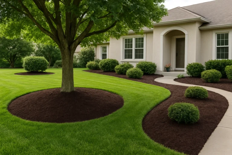 Renewed mulch under a Japanese maple with sharp edging and tidy planting beds. Mulching Services by Worthy Landscaping In Montgomery County.