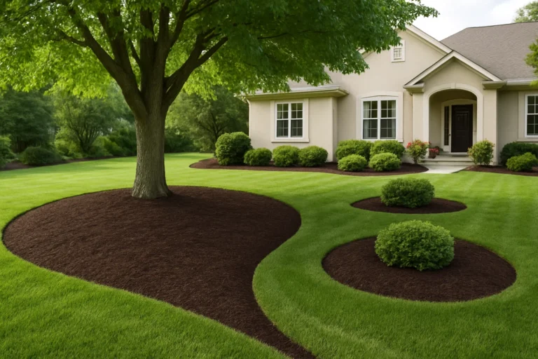 Front landscape showing an oak tree centered in a rich