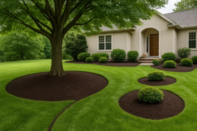 Front yard oak tree surrounded by uniform mulch for clean curb appeal. Mulching Services by Worthy Landscaping In Montgomery County.