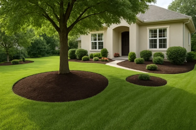 Neatly installed mulch ring under an oak tree enhancing the entire landscape. Mulching Services by Worthy Landscaping In Montgomery County.