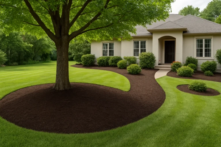 Mulched beds around a Japanese maple and foundation shrubs along the side yard. Mulching Services by Worthy Landscaping In Montgomery County.