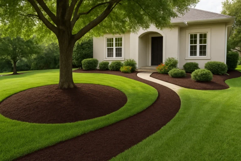 Clean mulch lines beneath a Japanese maple tree and compact shrubs at the property edge. Mulching Services by Worthy Landscaping In Montgomery County.