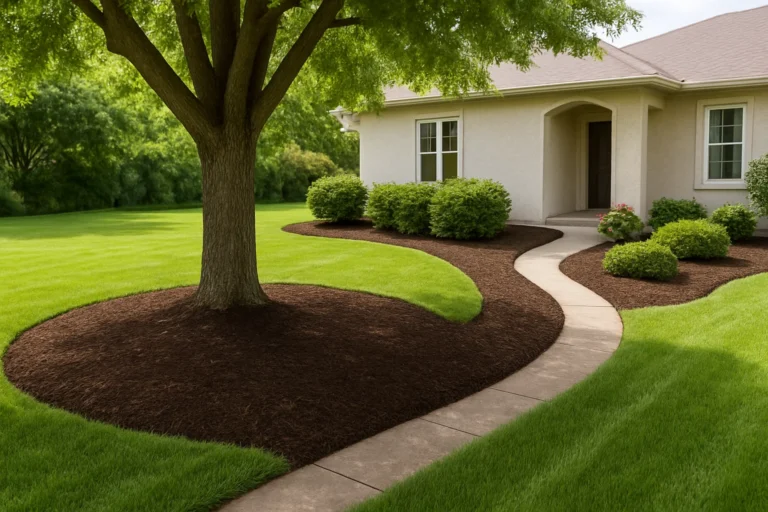 Decorative mulch around Japanese maple and shrubs beside a residential walkway. Mulching Services by Worthy Landscaping In Montgomery County.