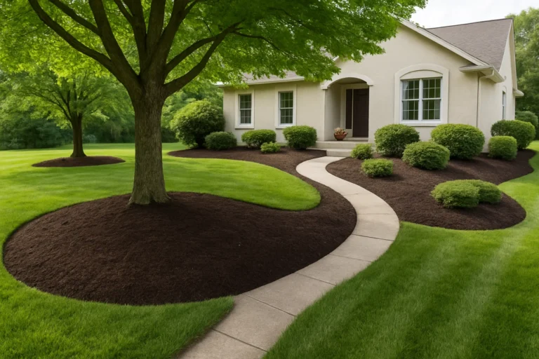 Renewed mulch under a Japanese maple with sharp edging and tidy planting beds. Mulching Services by Worthy Landscaping In Montgomery County.