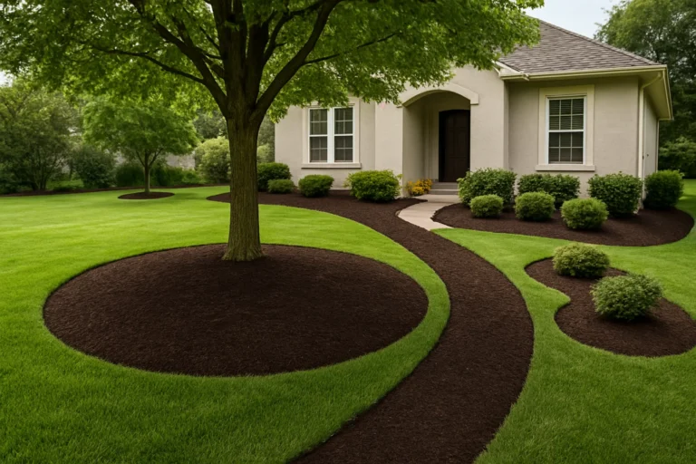 Front landscape showing an oak tree centered in a rich