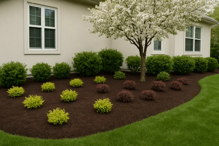 Front yard oak tree surrounded by uniform mulch for clean curb appeal. Mulching Services by Worthy Landscaping In Montgomery County.