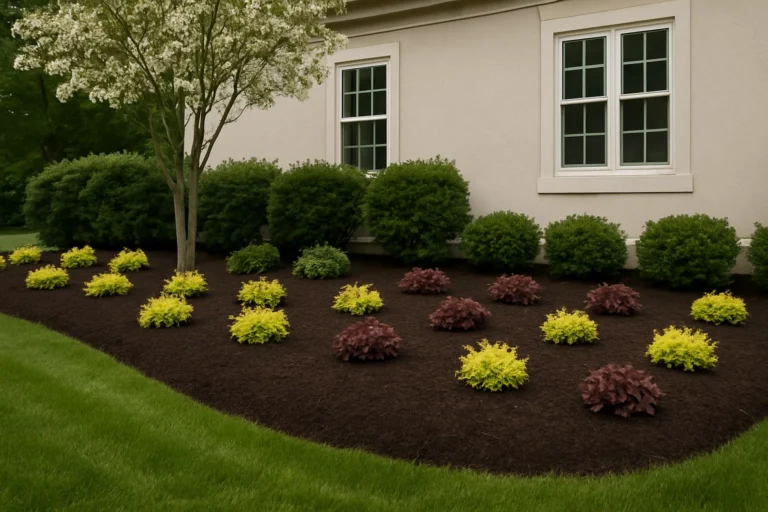 Island planting with an oak tree and layered mulch creating an artistic design. Mulching Services by Worthy Landscaping In Montgomery County.