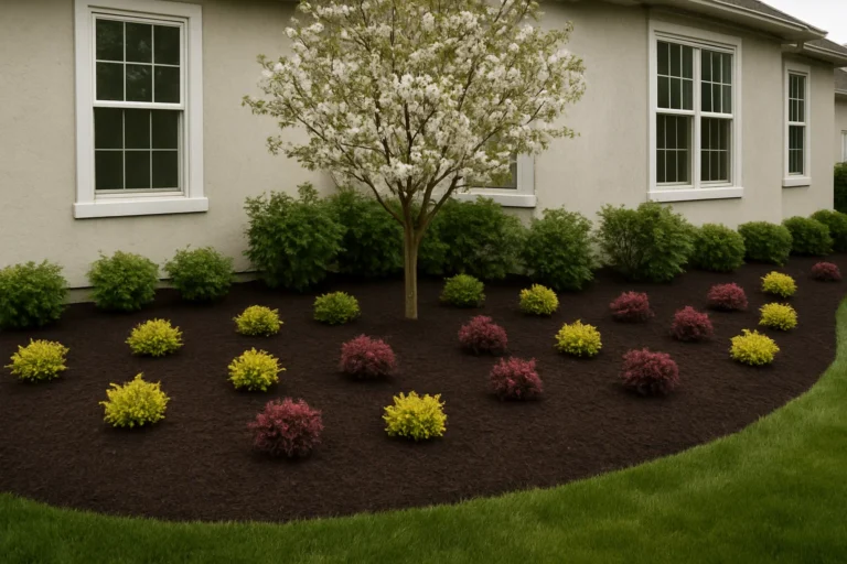 Residential side yard with Japanese maple and shrubs set in dark
