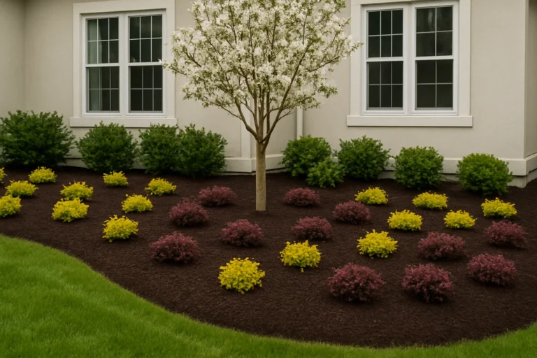Close view of a mulched planting bed with Japanese maple and layered shrubs. Mulching Services by Worthy Landscaping In Montgomery County.