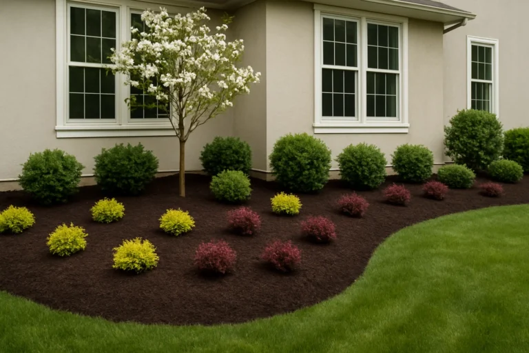 Long side planter with Japanese maple and shrubs over a fresh layer of mulch. Mulching Services by Worthy Landscaping In Montgomery County.