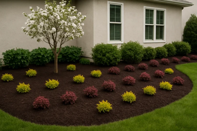 Side view of a home with Japanese maple and shrubs in freshly mulched planters. Mulching Services by Worthy Landscaping In Montgomery County.