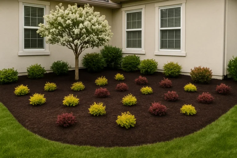 Mulched beds around a Japanese maple and foundation shrubs along the side yard. Mulching Services by Worthy Landscaping In Montgomery County.