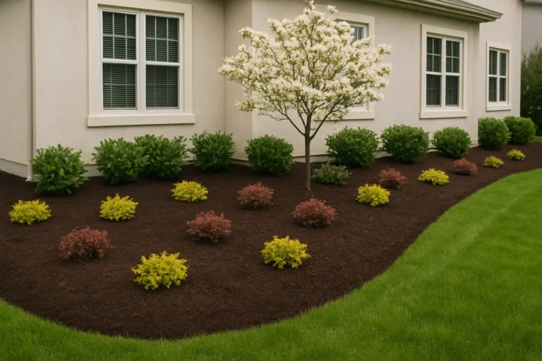 Clean mulch lines beneath a Japanese maple tree and compact shrubs at the property edge. Mulching Services by Worthy Landscaping In Montgomery County.