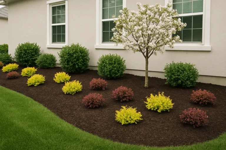 Decorative mulch around Japanese maple and shrubs beside a residential walkway. Mulching Services by Worthy Landscaping In Montgomery County.
