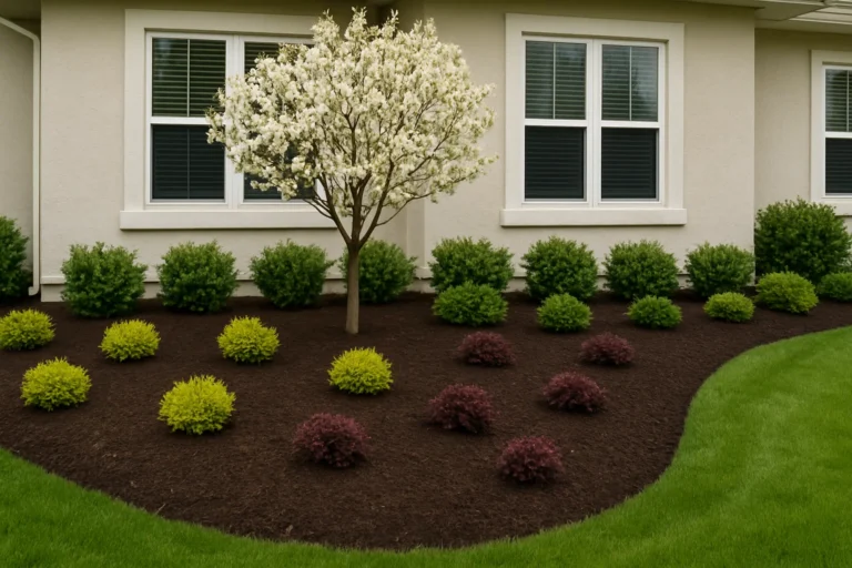 Neatly installed mulch ring under an oak tree enhancing the entire landscape. Mulching Services by Worthy Landscaping In Montgomery County.