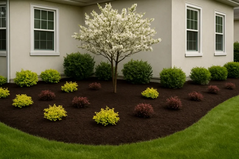 Renewed mulch under a Japanese maple with sharp edging and tidy planting beds. Mulching Services by Worthy Landscaping In Montgomery County.