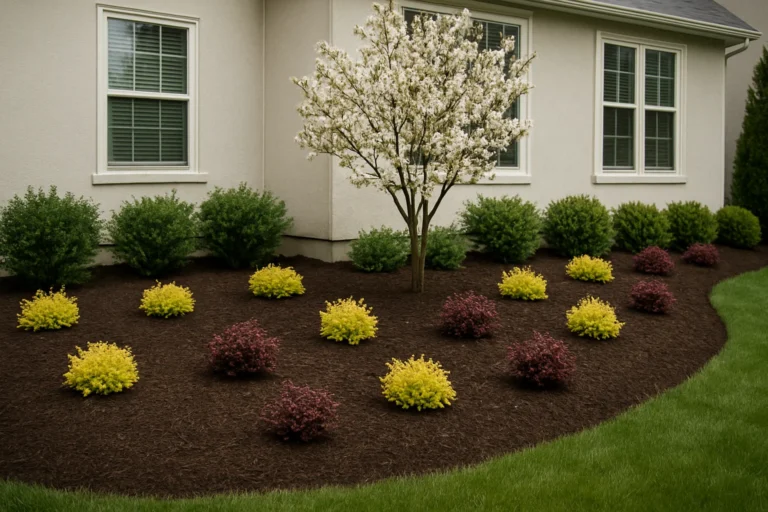Front landscape showing an oak tree centered in a rich