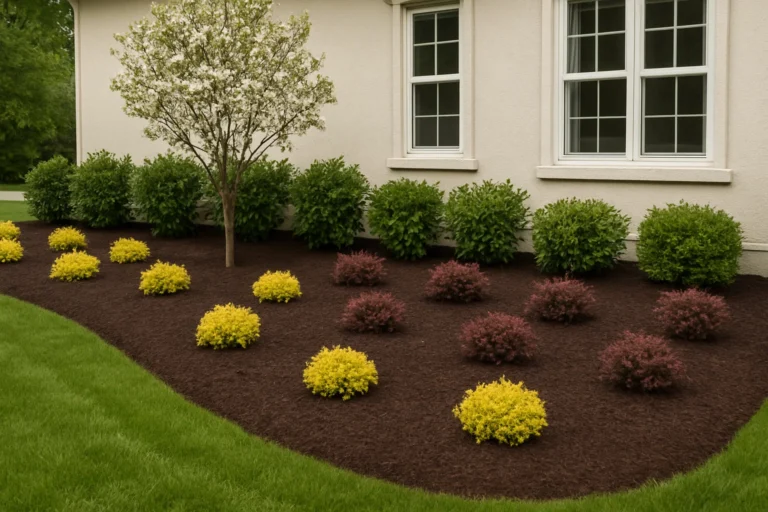 Front yard oak tree surrounded by uniform mulch for clean curb appeal. Mulching Services by Worthy Landscaping In Montgomery County.