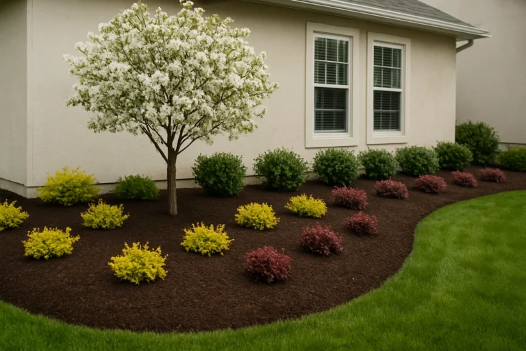 Artistic mulch bed surrounding a mature oak tree in the front yard. Mulching Services by Worthy Landscaping In Montgomery County.