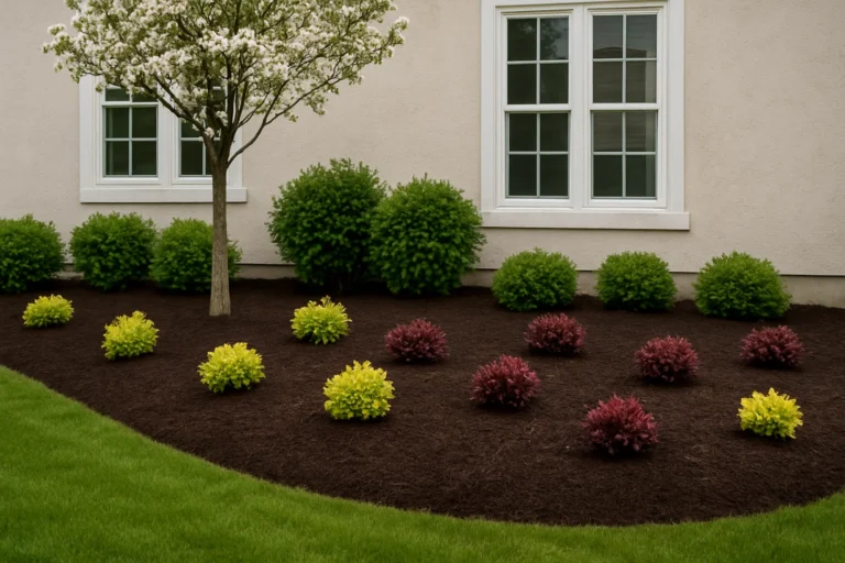 Artistic mulch bed surrounding a mature oak tree in the front yard. Mulching Services by Worthy Landscaping In Montgomery County.