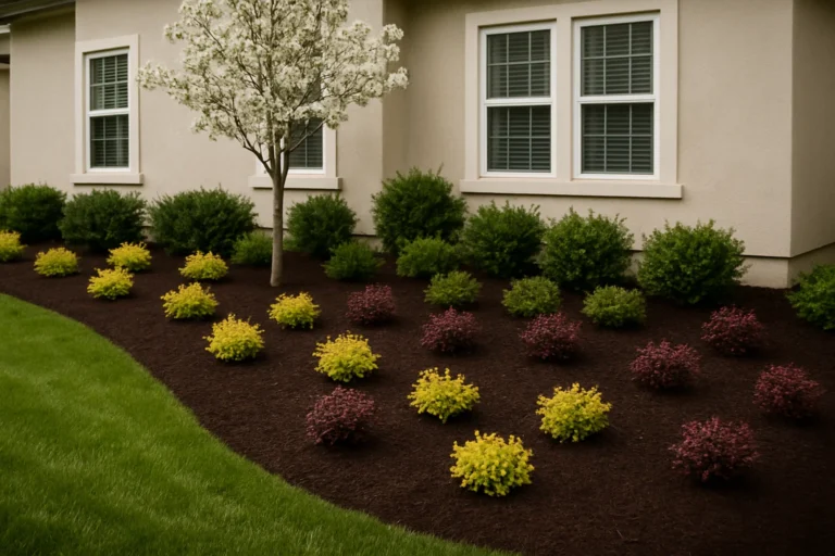 Dark brown mulch pattern radiating from the base of a large oak tree. Mulching Services by Worthy Landscaping In Montgomery County.