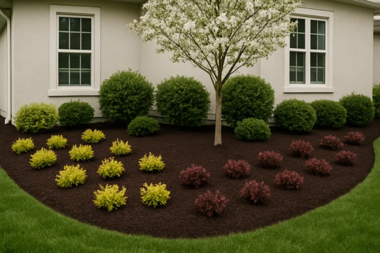 Close view of an oak tree trunk framed by a clean decorative mulch bed. Mulching Services by Worthy Landscaping In Montgomery County.
