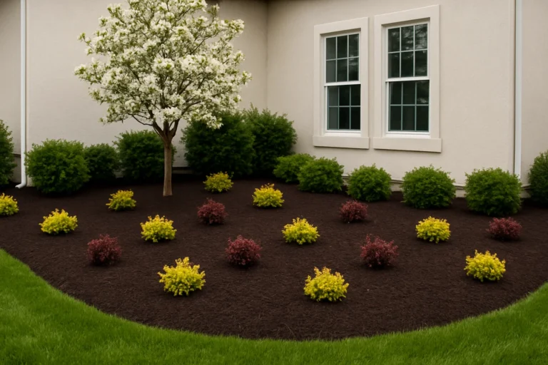 Curved mulch border around an oak tree highlighting a neat green lawn. Mulching Services by Worthy Landscaping In Montgomery County.