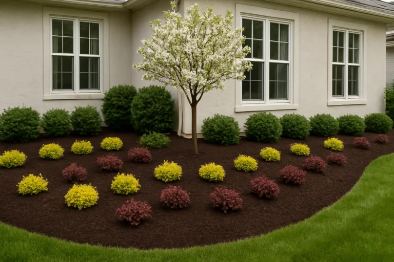 Side property view featuring mulched flower beds with a Japanese maple focal point. Mulching Services by Worthy Landscaping In Montgomery County.