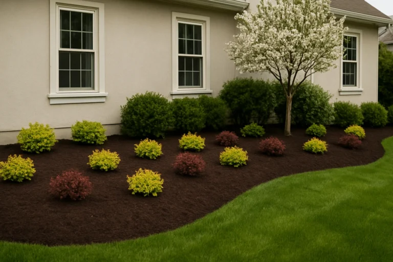 Island planting with an oak tree and layered mulch creating an artistic design. Mulching Services by Worthy Landscaping In Montgomery County.