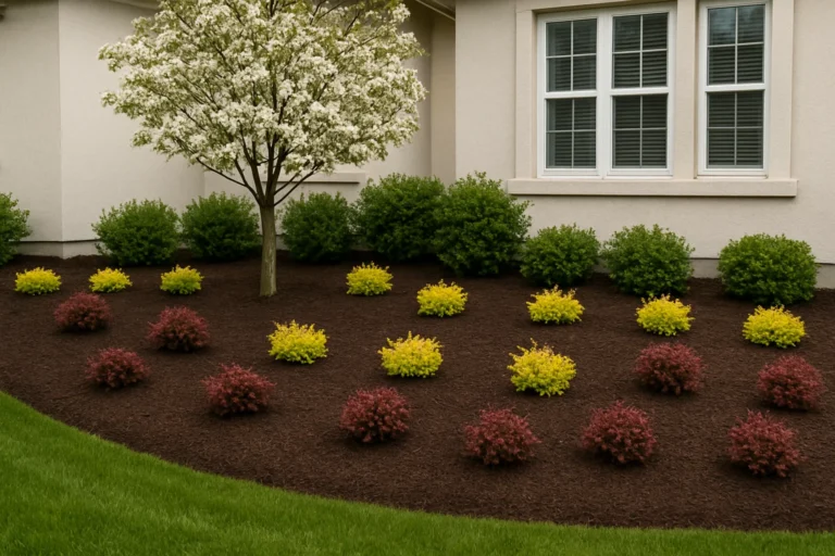 Residential side yard with Japanese maple and shrubs set in dark