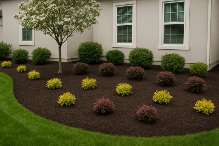 Close view of a mulched planting bed with Japanese maple and layered shrubs. Mulching Services by Worthy Landscaping In Montgomery County.