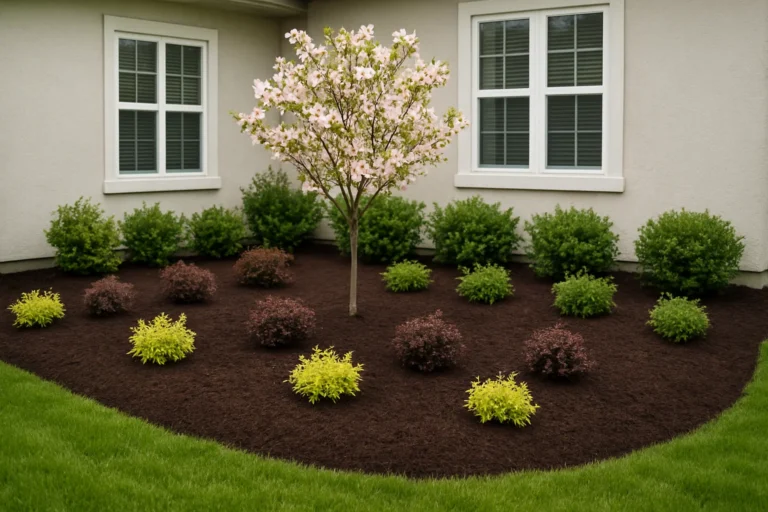 Freshly mulched ring around an oak tree with crisp landscape edging. Mulching Services by Worthy Landscaping In Montgomery County.