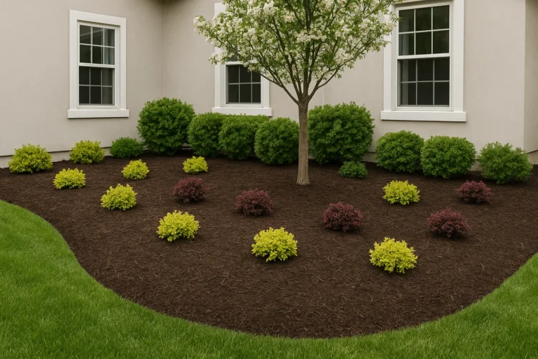 Dark brown mulch pattern radiating from the base of a large oak tree. Mulching Services by Worthy Landscaping In Montgomery County.