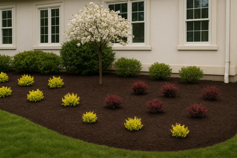 Close view of an oak tree trunk framed by a clean decorative mulch bed. Mulching Services by Worthy Landscaping In Montgomery County.