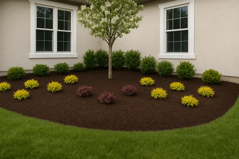 Side property view featuring mulched flower beds with a Japanese maple focal point. Mulching Services by Worthy Landscaping In Montgomery County.