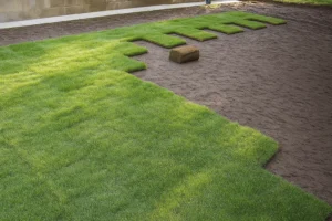 Partially laid sod on gently graded soil beside a residence during a Sod Installation Service by Worthy Landscaping in Montgomery County.