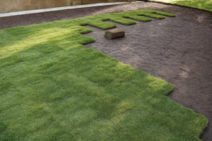 New sod strips set in a bricklike pattern along the side of a property during a Sod Installation Service by Worthy Landscaping in Montgomery County.
