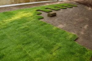 Side yard slope with partially graded soil and remaining old grass during a Sod Installation Service by Worthy Landscaping in Montgomery County.