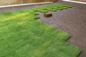 Side yard with marked-out areas ready for sod placement during a Sod Installation Service by Worthy Landscaping in Montgomery County.